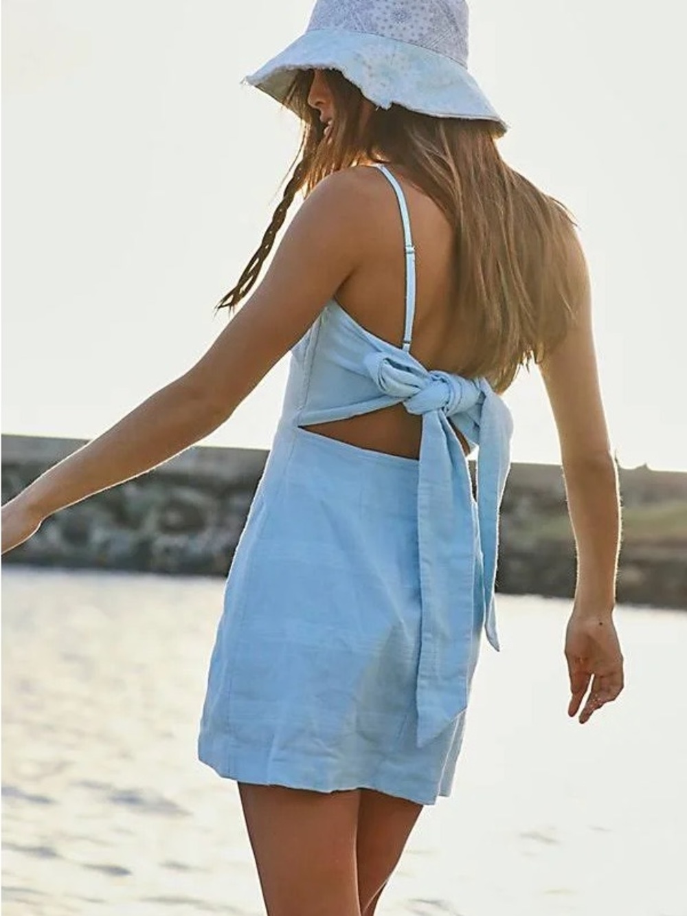 Free People Go Get Em Open Tie Back Cotton Skort Romper in Hint of Sky Blue L